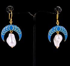 Blue Enamel and Pearl Crescent Moon Dangle Earrings for Women in Brass with 22k Gold Plating